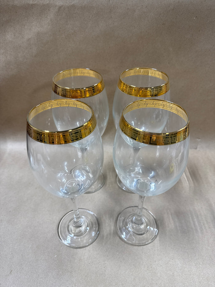 Gold Greek Key Rimmed Wine Goblets - Set Of 4 // 3 Sets Available // PRICED INDIVIDUALLY