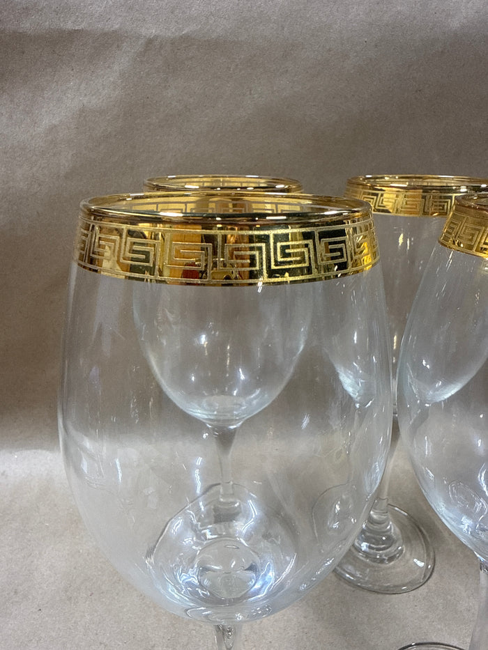 Gold Greek Key Rimmed Wine Goblets - Set Of 4 // 3 Sets Available // PRICED INDIVIDUALLY