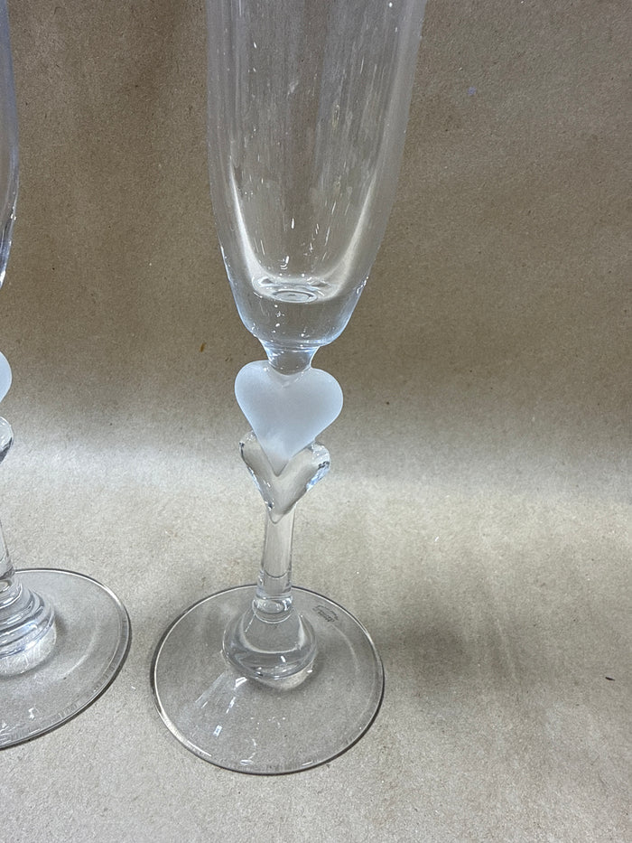 Gorham Amore Crystal Champagne Flutes Double Heart Stems - Pair