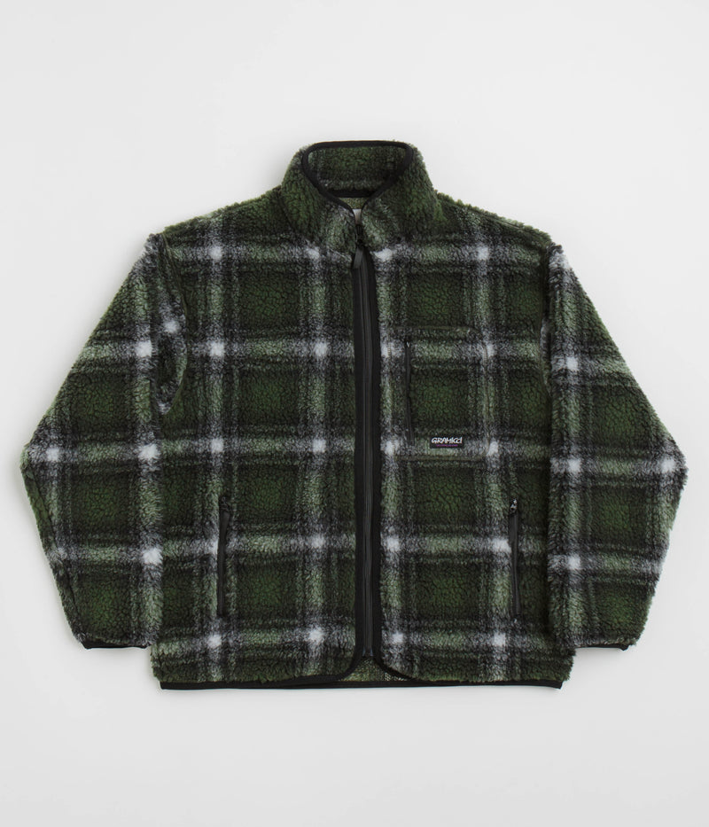 Gramicci Shadow Plaid Sherpa Jacket in Olive Shadow Plaid