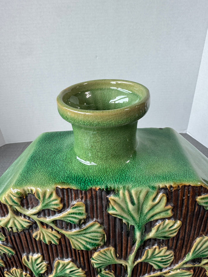 Green Crackled Gingko Leaf Embossed Glazed Pottery Vase