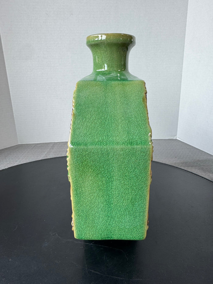 Green Crackled Gingko Leaf Embossed Glazed Pottery Vase