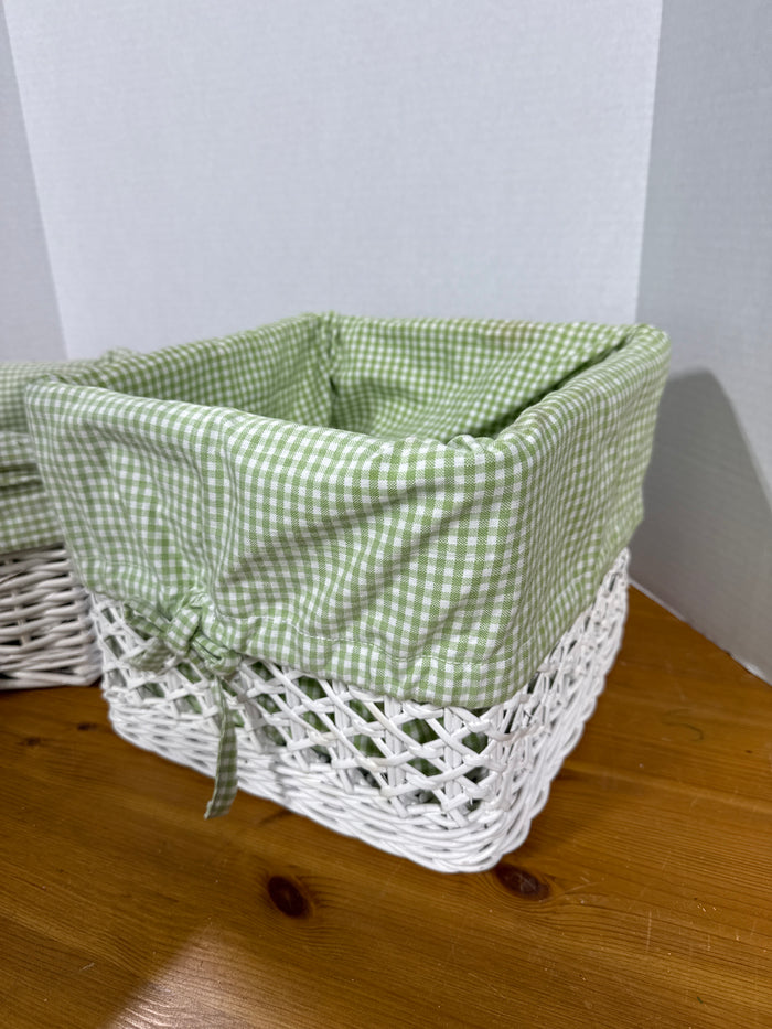 Green Gingham Sabrina White Wicker Baskets By Pottery Barn Kids - Pair