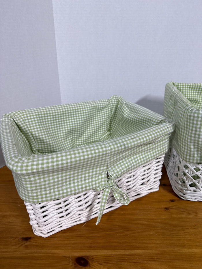 Green Gingham Sabrina White Wicker Baskets By Pottery Barn Kids - Pair