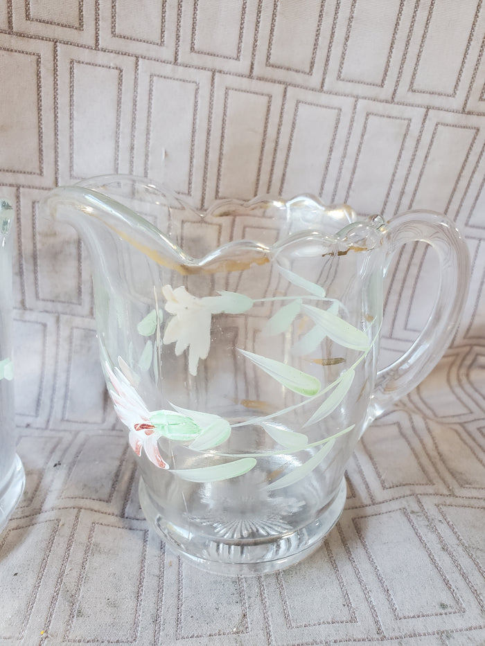 Hand Painted Clear Glass Creamer and Sugar Set