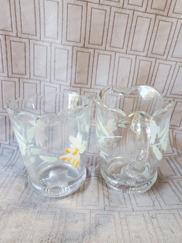 Hand Painted Clear Glass Creamer and Sugar Set
