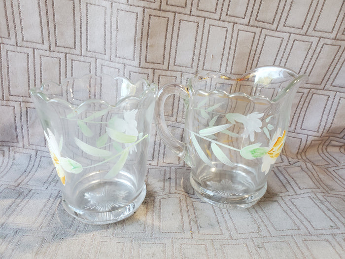 Hand Painted Clear Glass Creamer and Sugar Set