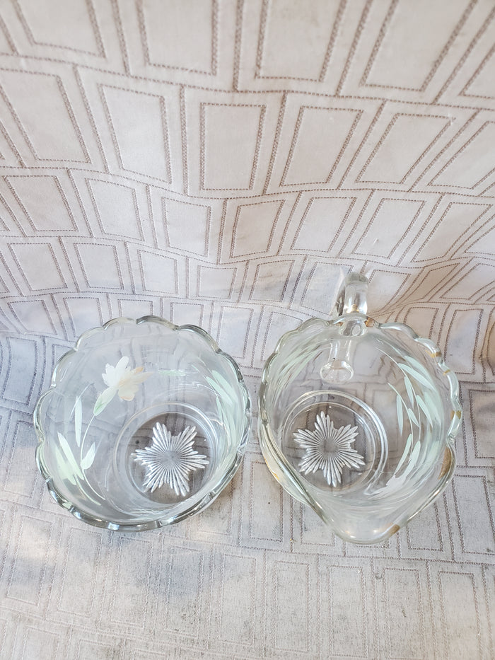 Hand Painted Clear Glass Creamer and Sugar Set