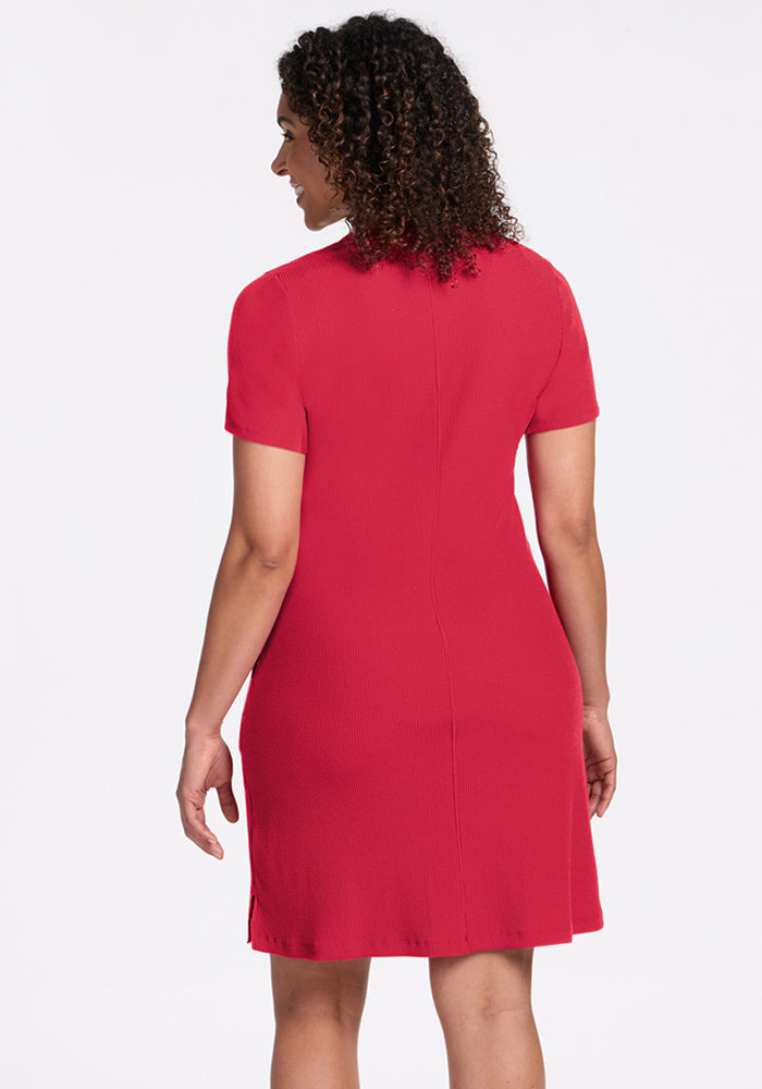Person with curly hair in Woolx's Harlowe Ribbed Dress - Berry Ice Pop, shown from the back on a white background.