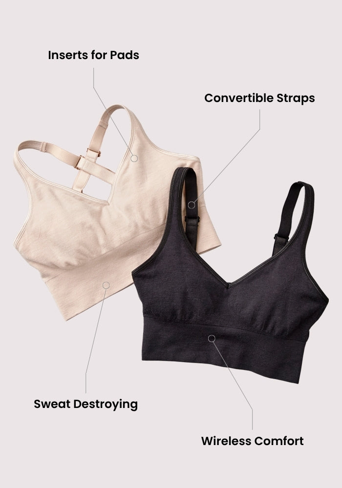 The Woolx Hayden Bra, shown in beige and black, features inserts for pads, convertible straps, sweat-resistant fabric, and wireless comfort—offering seamless, unbeatable everyday support.