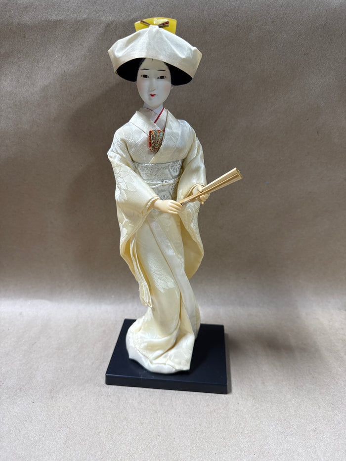 Japanese Bride Doll On Wooden Stand With Fan