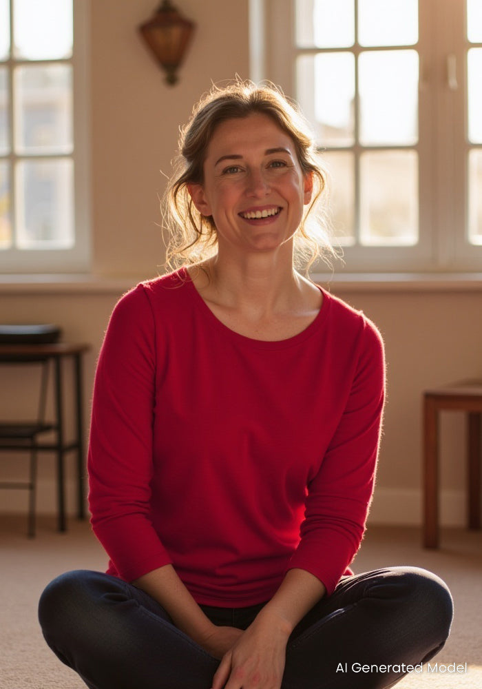 A smiling woman in a Woolx Jenny 3/4 Sleeve Crew Neck (Poppy Spark) sits cross-legged in a sunlit room.
