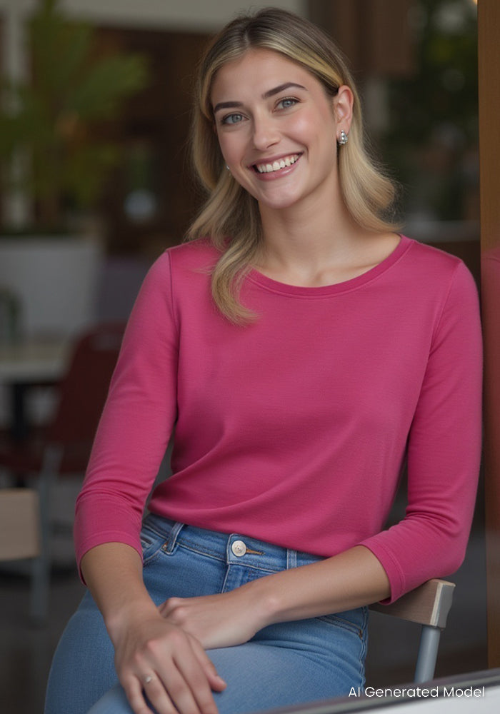 Smiling woman in the Woolx Jenny 3/4 Sleeve Crew Neck - Raspberry Fizz, sitting indoors. "AI Generated Model.