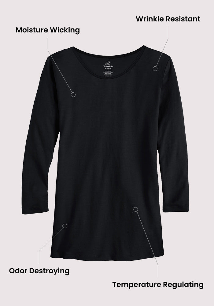 The Woolx Jenny 3/4 Sleeve in Raspberry Fizz wicks moisture, resists odor, and stays wrinkle-free. Final Sale.