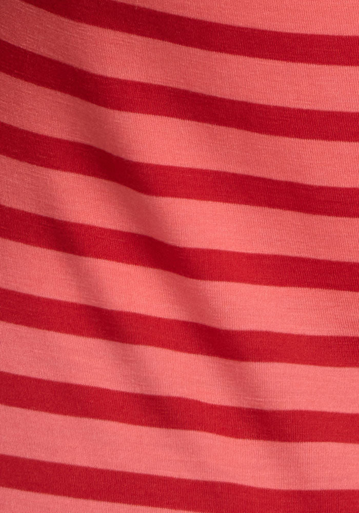 Woolx Jenny 3/4 Sleeve Crew Neck in Wildberry Stripe features red and pink stripes on lightweight Merino.