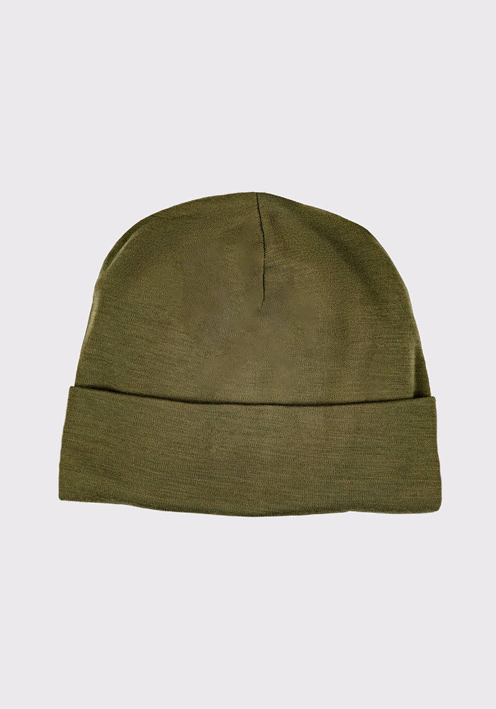 The Woolx Journey Hat in Winter Moss, a knit Merino wool beanie with a folded brim, is shown flat on a plain light gray background.