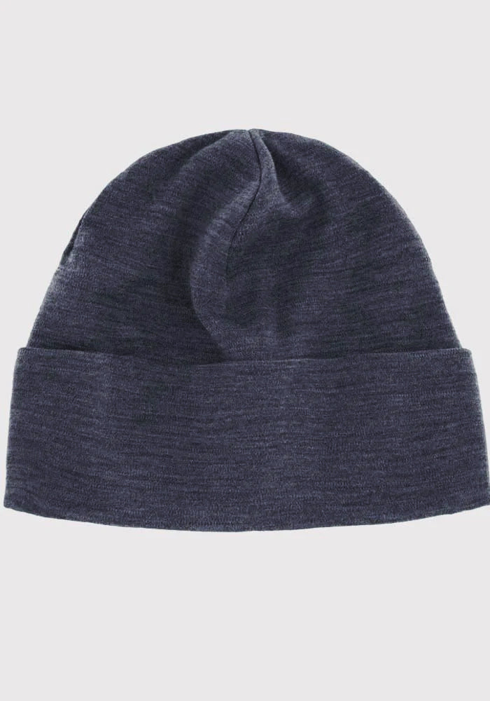 The Pebble Grey Melange Journey Hat by Woolx is a final sale knitted beanie, featuring a folded brim and crafted from breathable Merino wool, displayed on a white background.