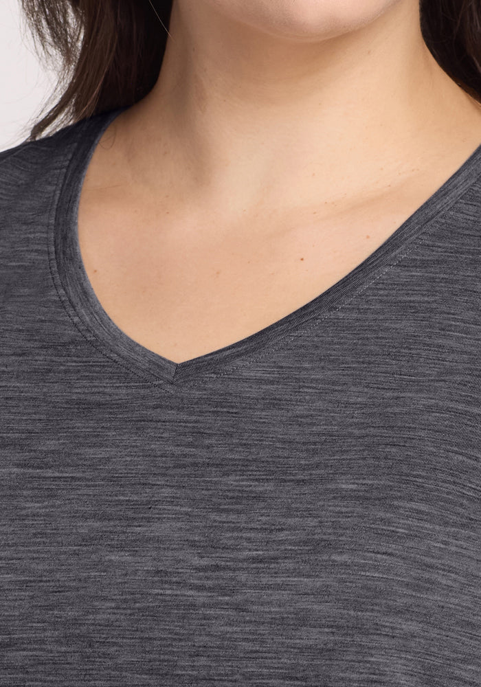 Close-up of a person wearing the Woolx Junie V Neck • Final Sale - Cinder Melange, showing the neckline and chin.