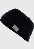 A black Merino wool knit accessory featuring a subtle pattern and a small label with the brand name "Woolx" on the side, displayed against a white background.