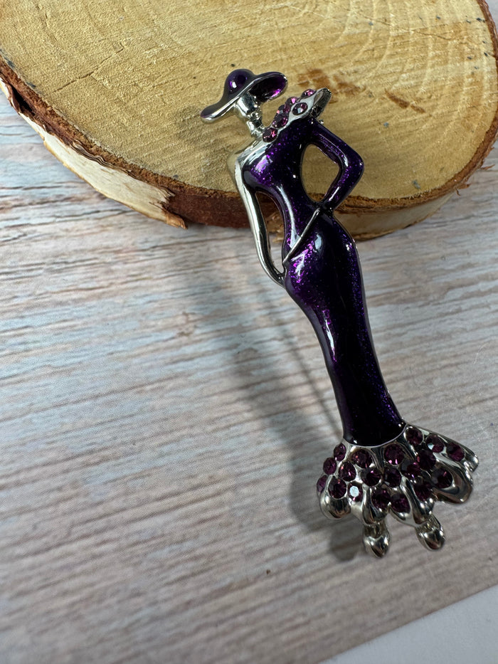 Lady in Purple Enamel Silver Tone Brooch