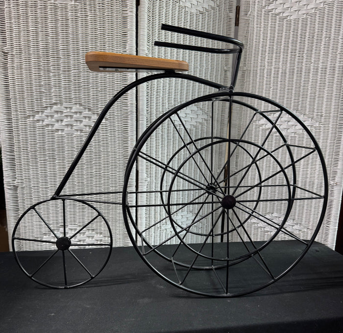 Large Black Metal Decorative Tricycle & Plant Stand with Wooden Seat