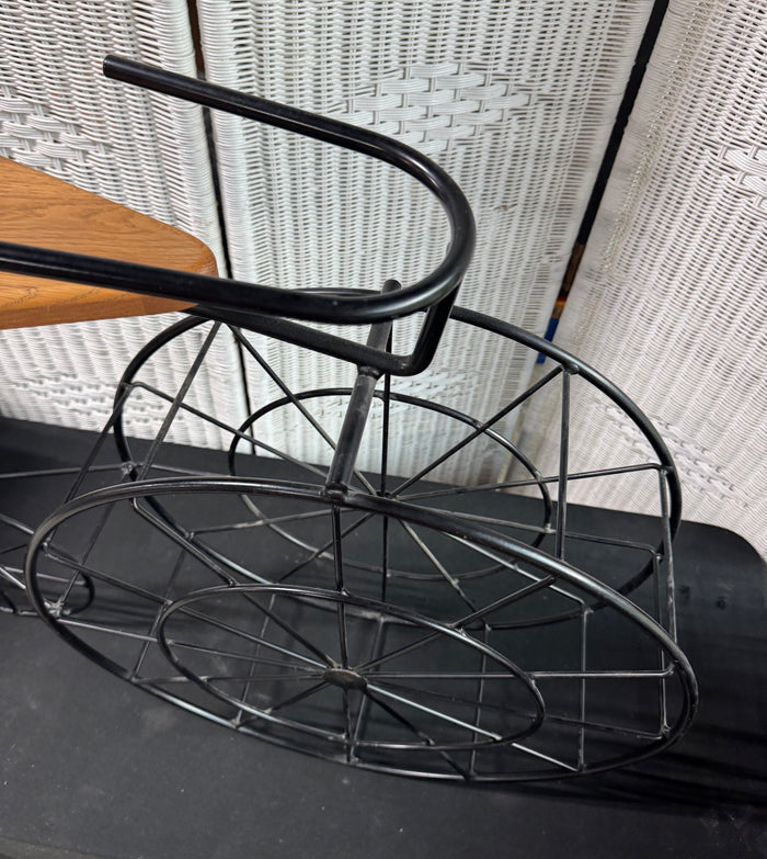 Large Black Metal Decorative Tricycle & Plant Stand with Wooden Seat