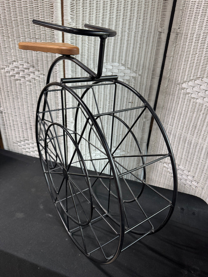 Large Black Metal Decorative Tricycle & Plant Stand with Wooden Seat