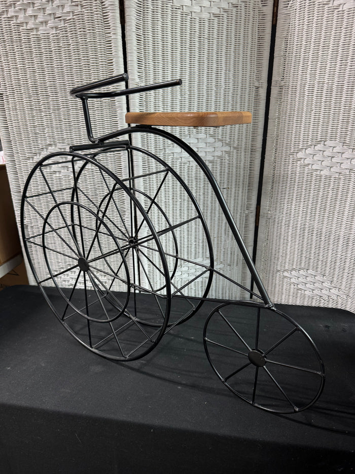 Large Black Metal Decorative Tricycle & Plant Stand with Wooden Seat
