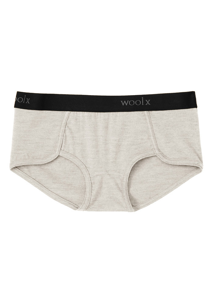 Cream heather men’s briefs crafted from lightweight Merino wool, featuring a black waistband with "Woolx" text in small letters. This simple and minimalist design ensures full coverage and comfort.