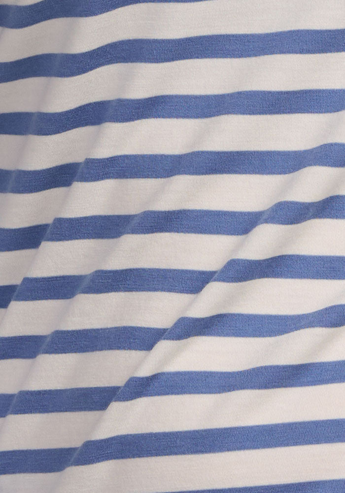 Close-up of the Woolx Liza Crew Neck Tee in Blue Sand Stripe, showing soft, slightly wrinkled fabric with horizontal blue and white stripes—crafted from lightweight Australian Merino wool.