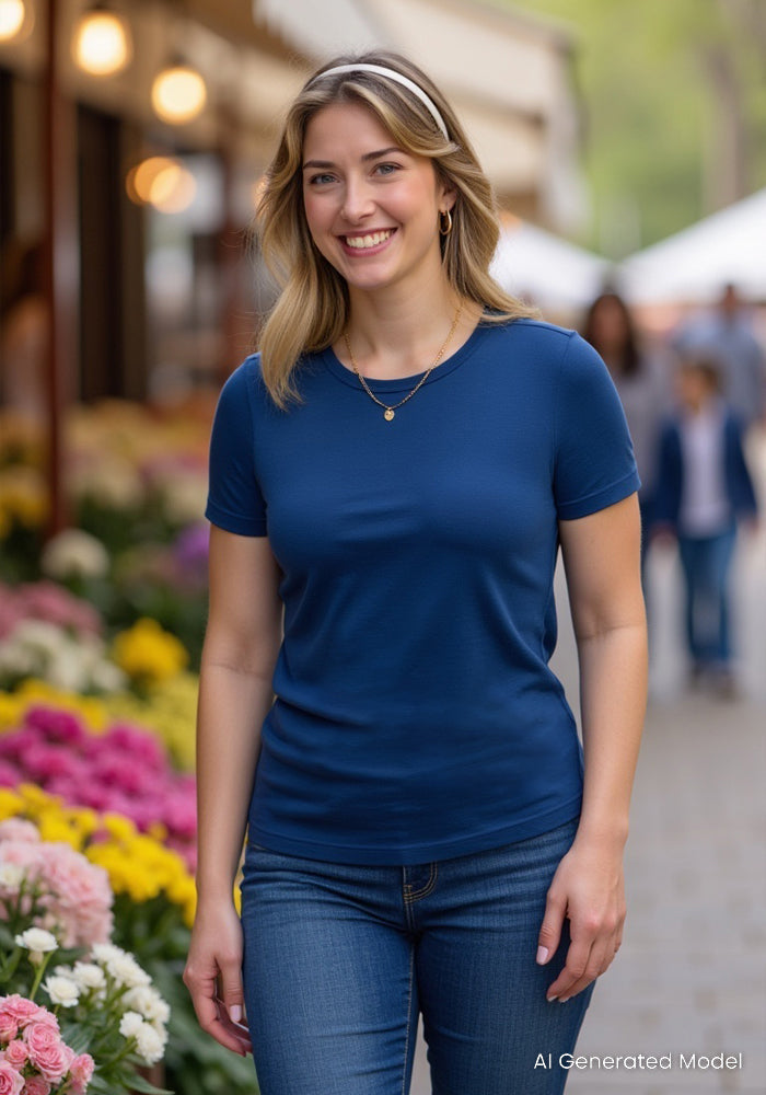 A smiling woman in Woolx's Liza Crew Neck Tee in Estate Blue and jeans walks by flower stalls on a sunny day.