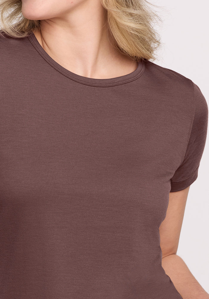 Woman wearing the Woolx Liza Crew Neck Tee in Peppercorn, shown from neck to torso, facing slightly to the side.
