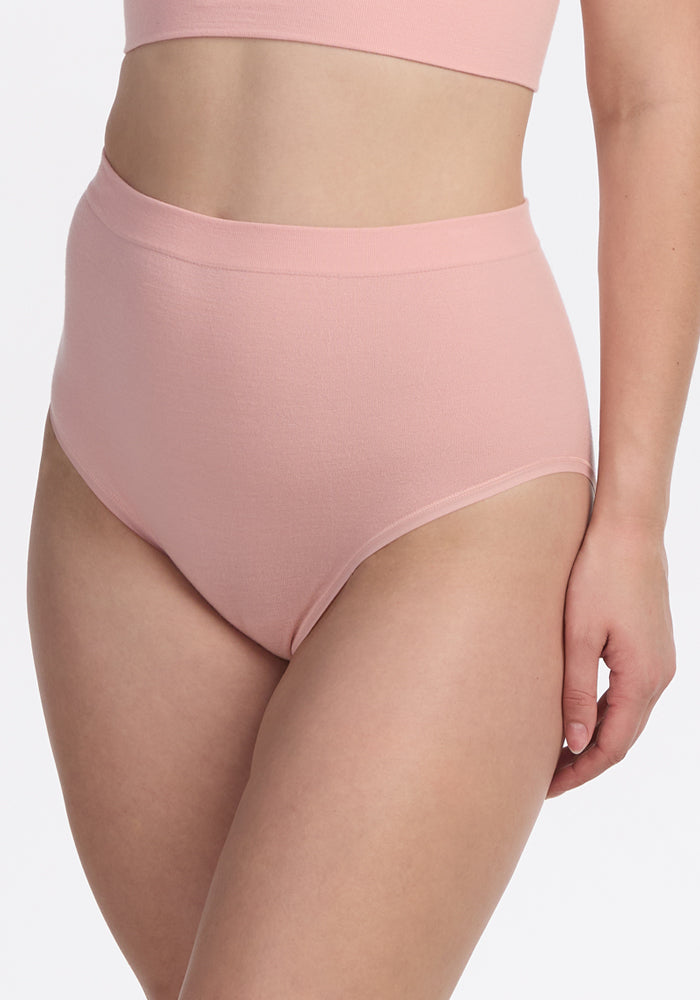 A model wears Woolx Mabel Full Coverage Underwear in Rosewater with a matching crop top, shown from mid-chest to upper thigh against a plain white background.