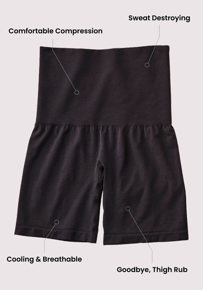 Marley Shapewear Shorts by Woolx are high-waisted black compression shorts shown on a light background, highlighting features like Comfortable Compression, Sweat Destroying, Cooling & Breathable, and Goodbye Thigh Rub.