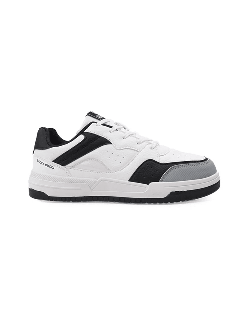 Bacca Bucci white and black sneaker on a white background.