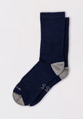 A pair of Woolx Mens Core Crew Socks in Deep Navy with gray heels and toes, featuring moisture-wicking fabric, laid flat on a white background.