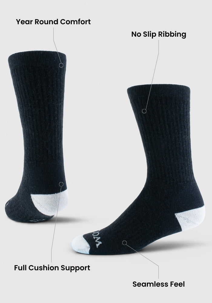 Woolx Mens Core Crew Socks in Winter Moss on a light background, featuring "Year Round Comfort," "No Slip Ribbing," "Full Cushion Support," and "Seamless Feel"—perfect moisture-wicking socks for all-day comfort.
