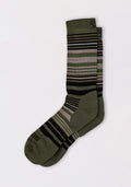 The Woolx Mens Everyday Crew Socks in Winter Moss Stripe feature olive green Merino wool with brown, gray, and dark green stripes. Moisture-wicking and stylish, these crew socks promise all-day comfort.