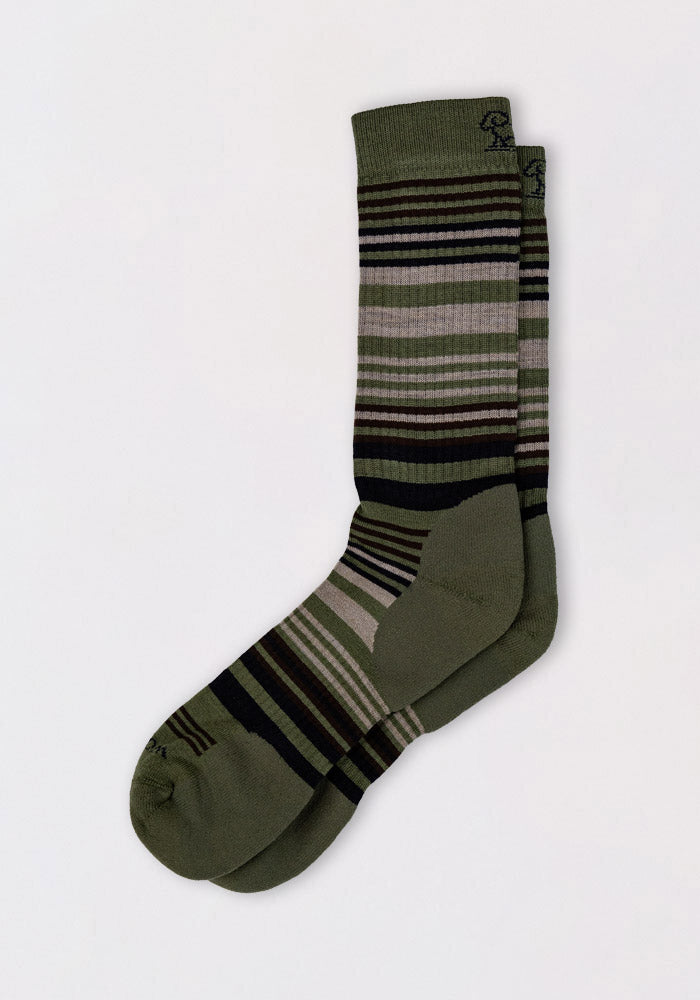 The Woolx Mens Everyday Crew Socks in Winter Moss Stripe feature olive green Merino wool with brown, gray, and dark green stripes. Moisture-wicking and stylish, these crew socks promise all-day comfort.