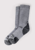The Woolx Mens Harbor Crew Sock in grey features breathable fabric and darker gray reinforced heels and toes, shown side by side on a light background.