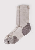 The Woolx Mens Harbor Crew Sock - Icicle is a light gray, breathable sock with darker gray reinforced heels and toes, shown flat on a white background and featuring a small logo near the top cuff.