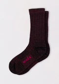 The Mens Joey Crew Socks in Warm Violet by Woolx are ribbed and cozy, made from soft merino wool with "woolx" embroidered in pink on the sole. Displayed on a plain white background.
