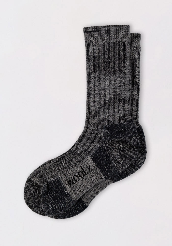 A pair of Woolx Mens Joey Crew Socks in Stone Grey, featuring a thick ribbed design, marled pattern, and "RoToTo" printed in black on the sole, displayed against a plain light background.