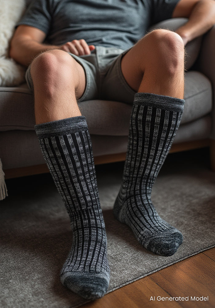 A person sits on a sofa in gray shorts and a gray t-shirt, showcasing their legs in Woolx Mens Joey Mid Calf Socks - Dark Navy Marled, with hands resting on the sofa.