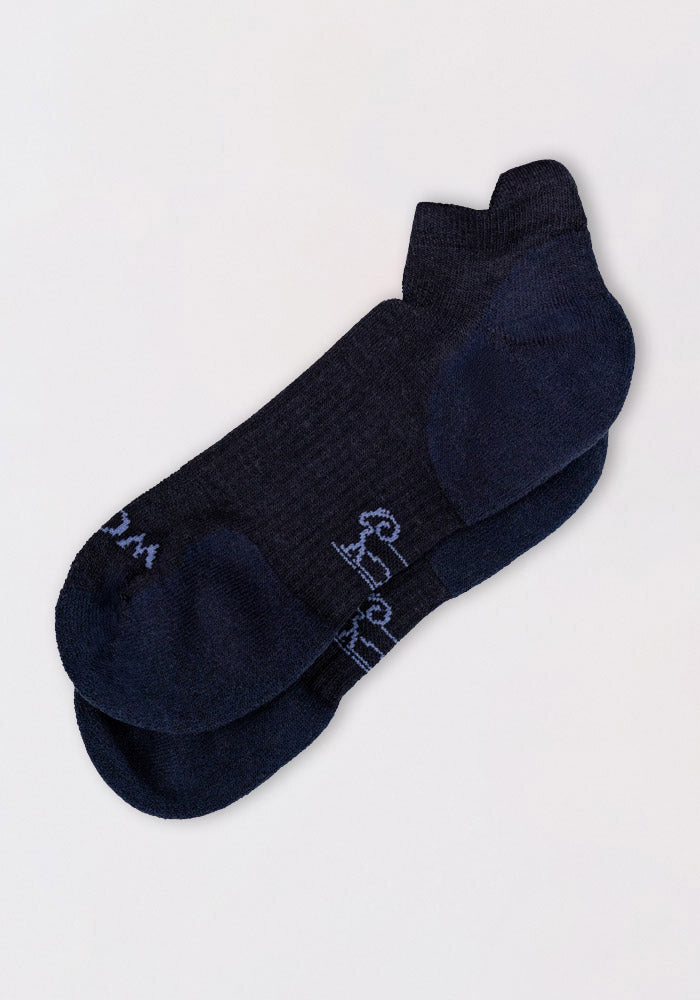 The Woolx Mens Rowan No Show Socks in Deep Night feature dark navy Merino wool with a subtle ribbed texture and light decorative stitching near the toe, shown laid flat on a light background.