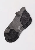 Woolx Mens Rowan No Show Socks in gray Merino wool feature dark gray heels and toes with a subtle white design near the toes, shown on a plain light background.
