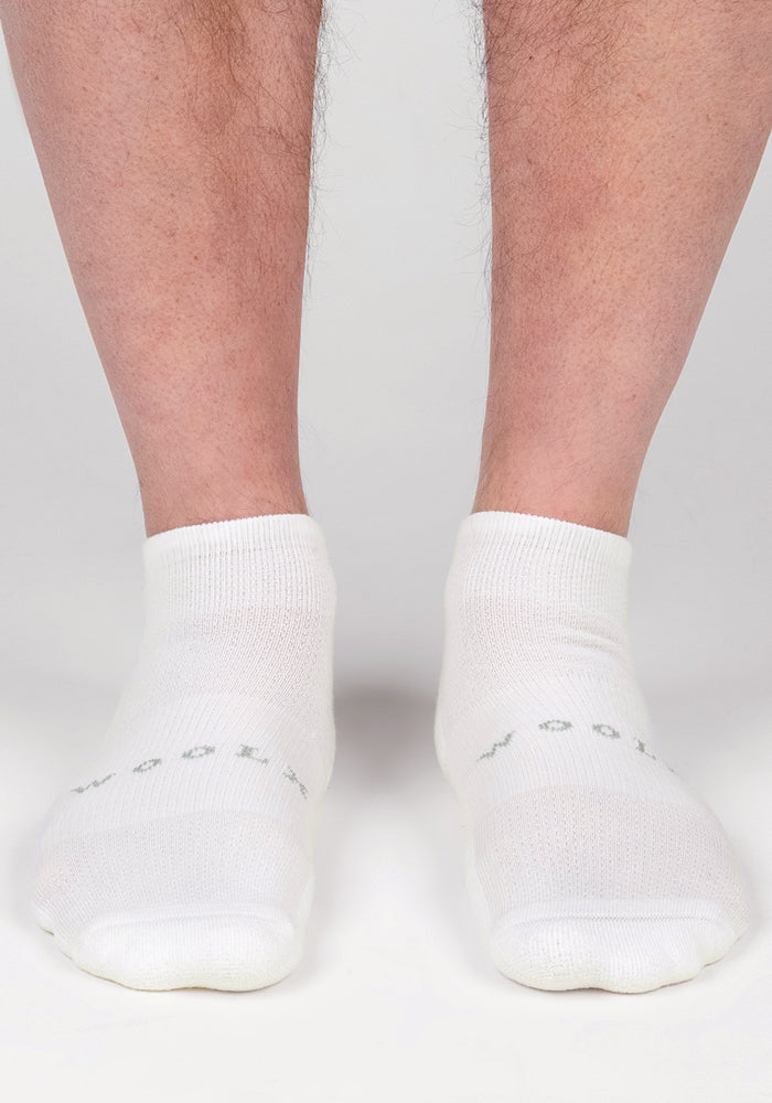 A close-up of lower legs and feet wearing Woolx Mens Rowan No Show Socks - White Lightning, shown against a plain light background. "WOOL" is faintly visible, highlighting these odor-resistant Merino wool socks.