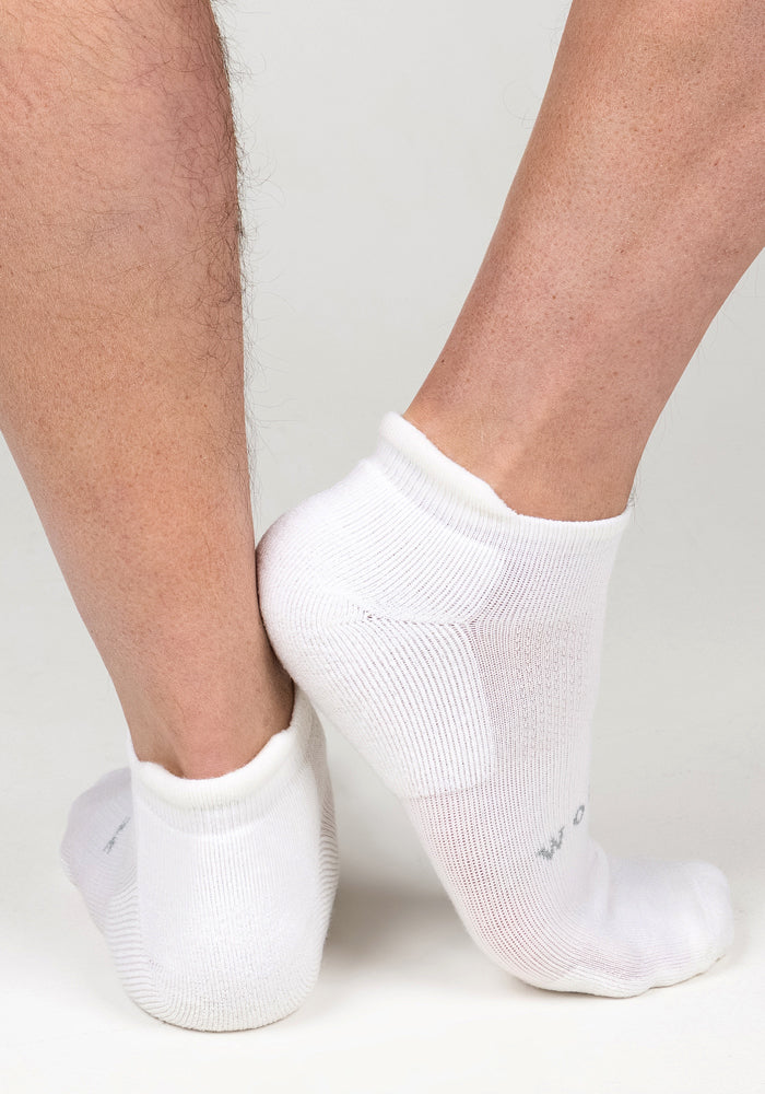 Two people stand back to back with their heels touching, each wearing Woolx Mens Rowan No Show Socks in White Lightning against a plain white background.