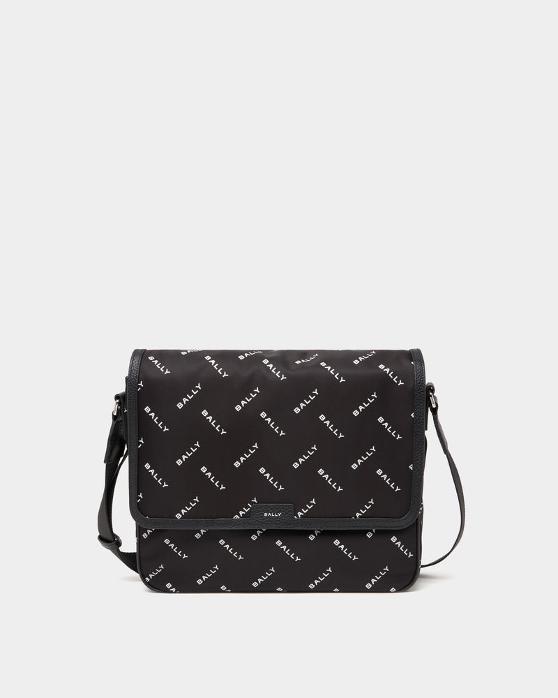 Messenger Bag In Black Nylon With a Chevron Logo Print