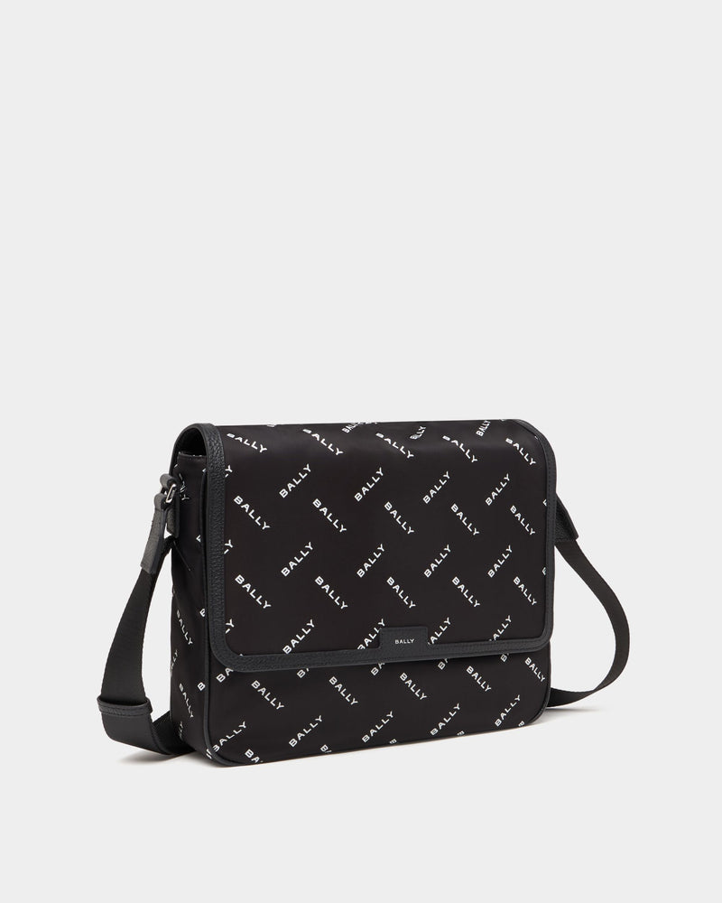 Messenger Bag In Black Nylon With a Chevron Logo Print